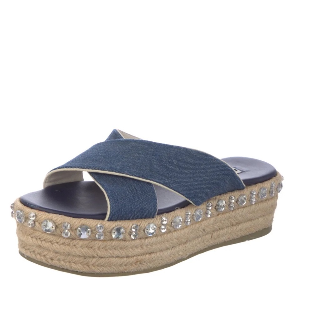 Miu Miu Criss Cross Jeweled Blue Y2K Denim Platform Sandals